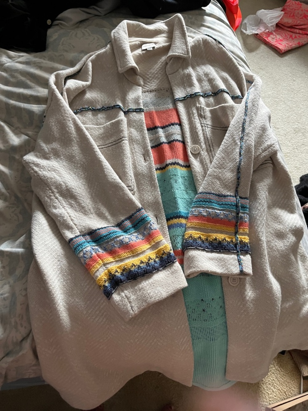 NIC+ZOE Beige Jacket with Multicolor Stripe Accents